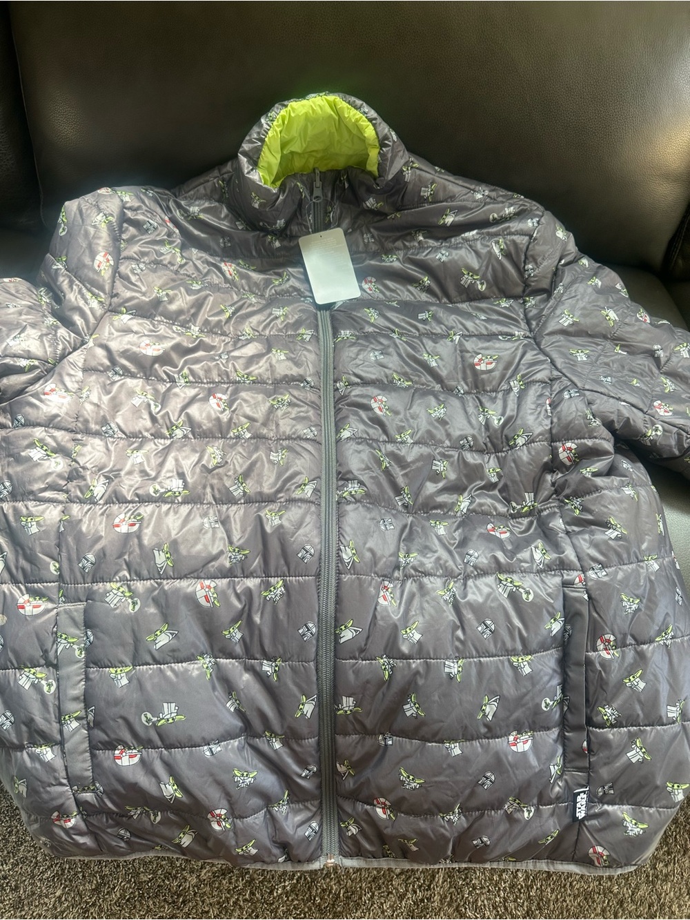 Disney Gray Quilted Puffer Jacket with Lime Lining
